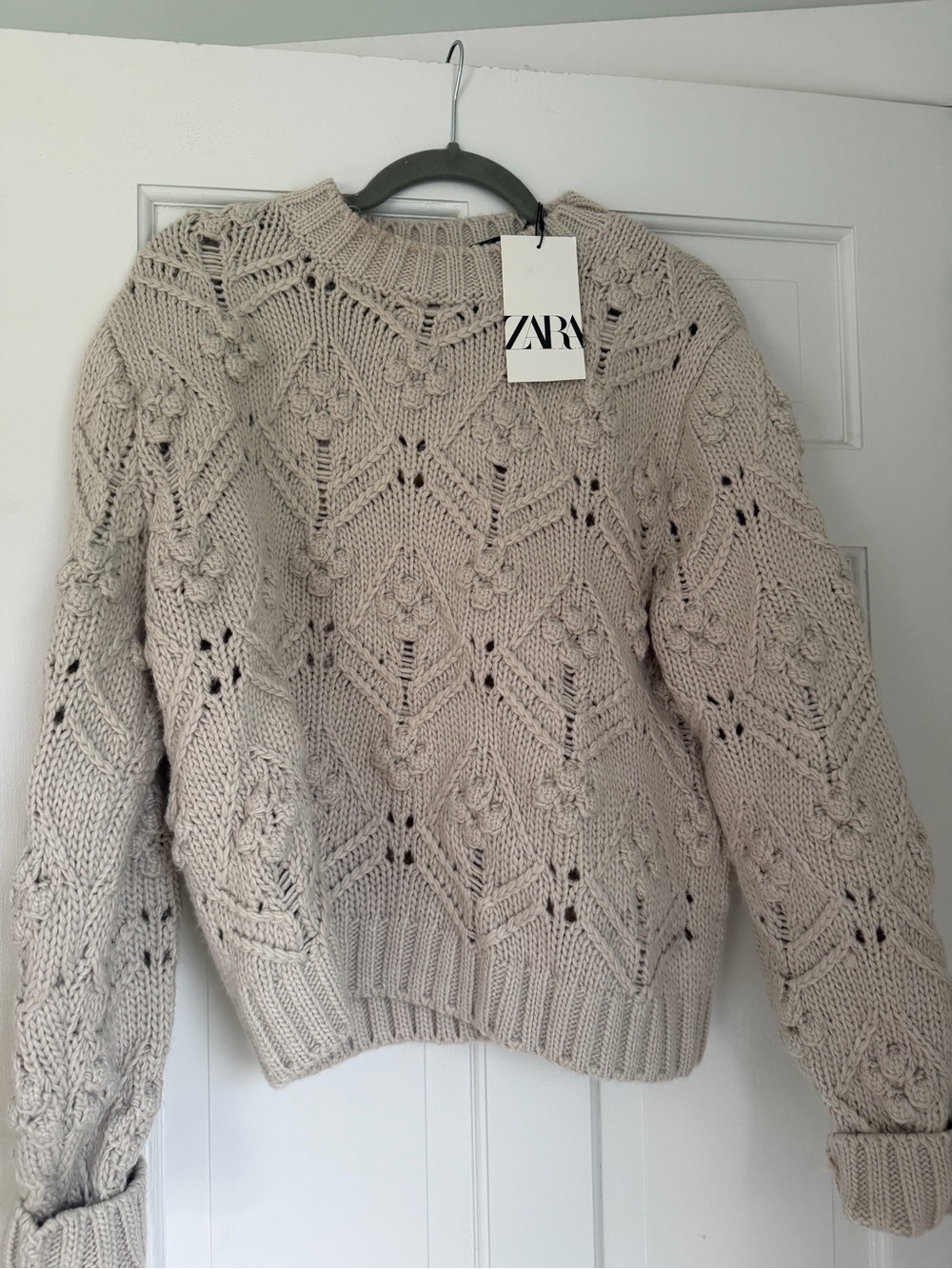 ZARA Beige Openwork Cable Knit Turtleneck Sweater
